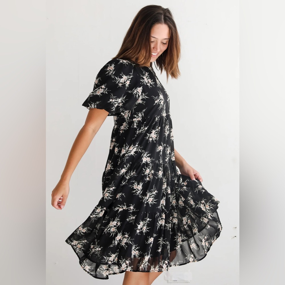 DressUp Perfectly Cherished Black Floral Tiered Midi Dress